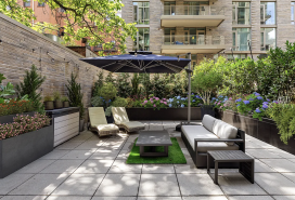 A one-bedroom condo with a 800-square-foot landscaped terrace in Hell's Kitchen